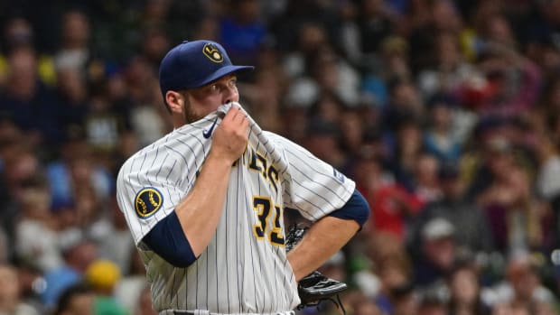 Sep 16, 2023; Milwaukee, Wisconsin, USA; Milwaukee Brewers pitcher Corbin Burnes (39) reacts after walking Washington Nationals second baseman Luis Garcia (not pictured) with the bases loaded to force in a run in the sixth inning at American Family Field. Mandatory Credit: Benny Sieu-USA TODAY Sports
